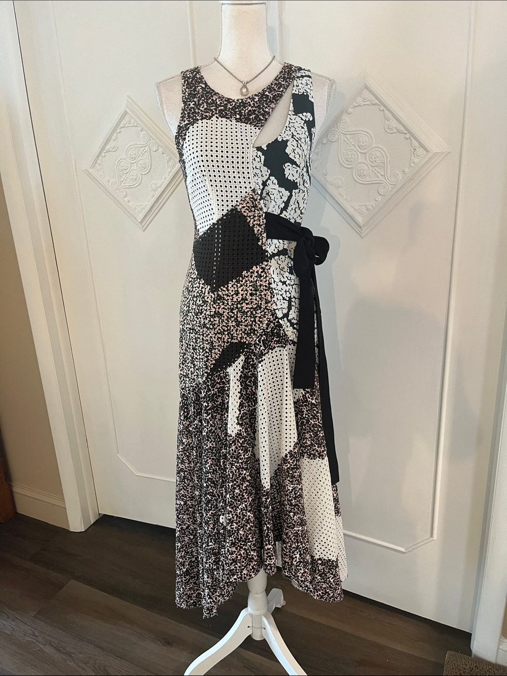 Sleeveless Black & White Patchwork Maxi Dress with Side Tie